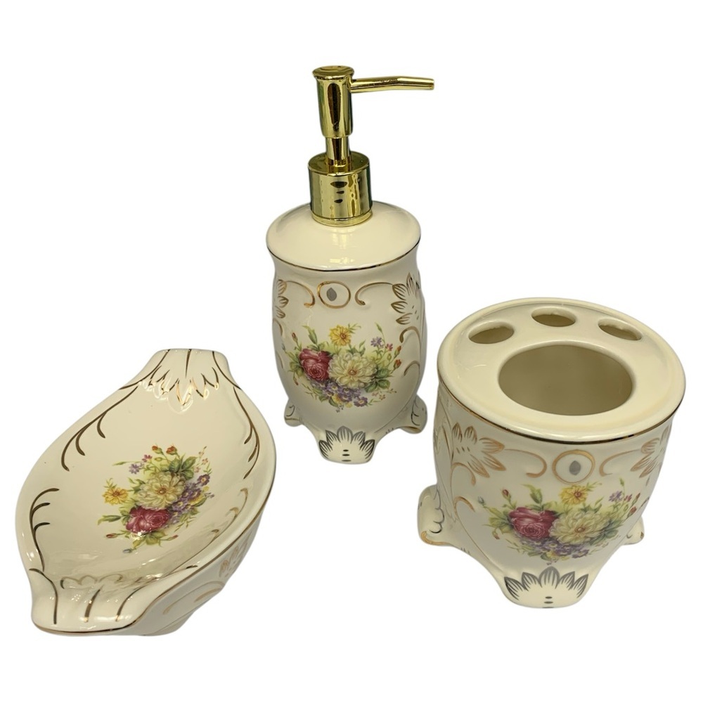 French Country‎ Bathroom 3 Piece Set Accessory Cream Floral Gold Vintage Style